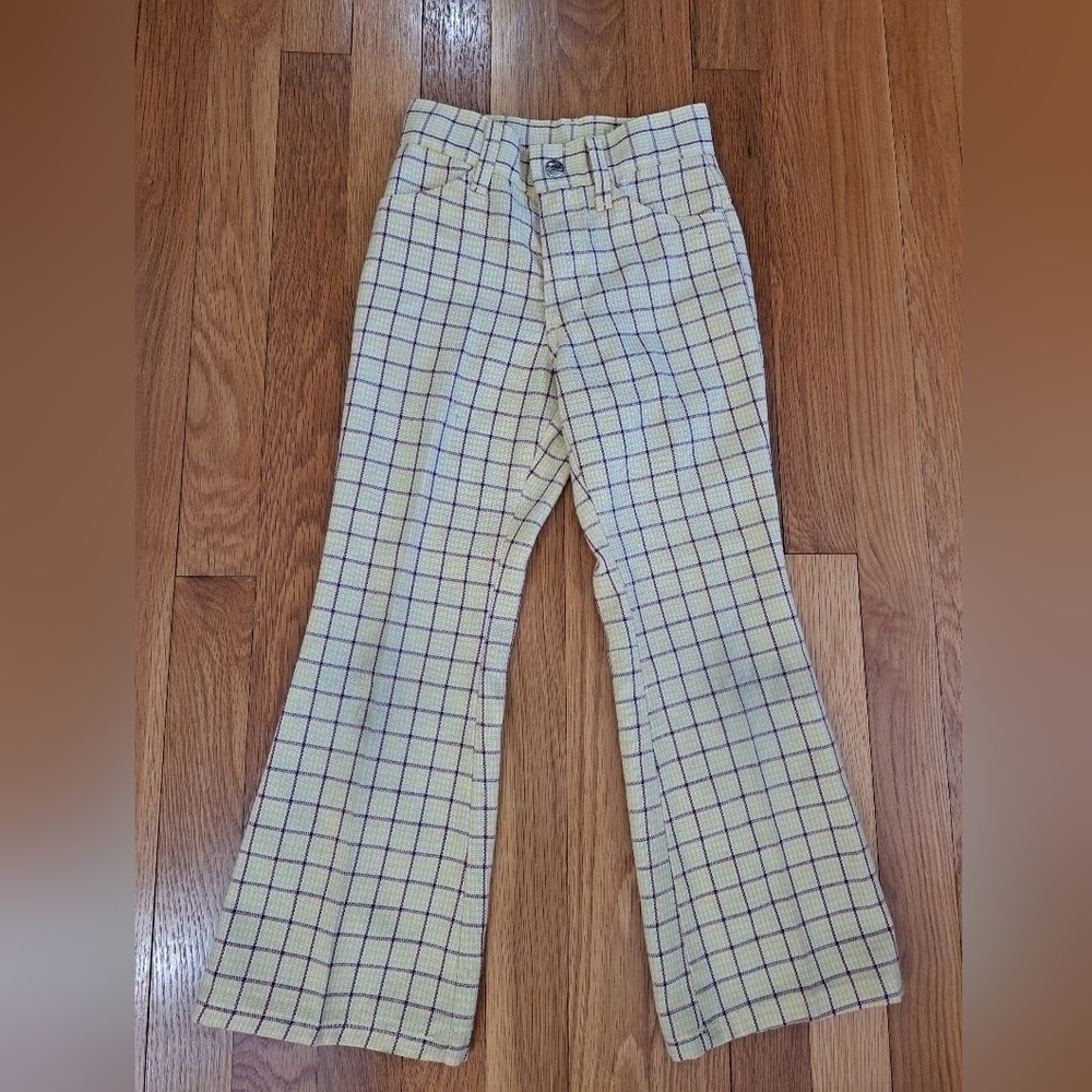 Vintage 70's Kids 5T 6T Unisex Flared Leg Pants Checkered Yellow Red Blue RARE